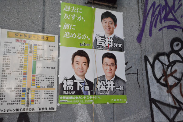 大阪府知事選挙と大阪市長選挙に立つ維新の立候補予定者。=25日、通天閣下　写真：筆者=