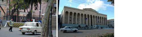 左：在トビリシ米国大使館（周囲は写真撮影が禁止されているため隠し撮り。写真：すべて筆者撮影）右：２００３年、シェワルナゼ政権が打倒されたバラ革命の舞台となった、グルジア国会議事堂。同政権時代のロシア国旗に代わって、今はEU旗がはためく
