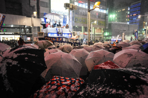 　アルタ前に傘の花が咲いた。雪のため傘の色はすべて白に変わった。＝写真：島崎ろでぃ＝