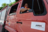 『Japan ODA』、消防車の車体にはシールが貼られていた。=7月23日、ガザ市内　写真：筆者=