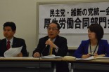 津田弥太郎議員（中央）「これは竹中平蔵の横ヤリで作られた制度なんですよ」と指摘した。＝7日、参院会館　撮影：筆者＝