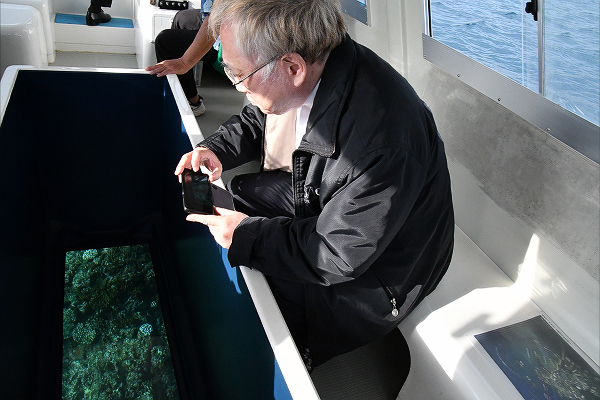 高須氏は海底のサンゴを一心不乱にスマホのカメラに収めた。＝15日、大浦湾　撮影：田中龍作＝