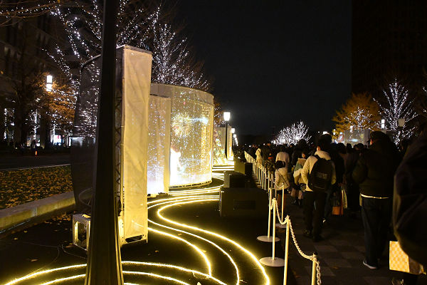 東京駅前の官製クリスマスは長蛇の列となった。＝21日夜、丸の内　撮影：田中龍作＝